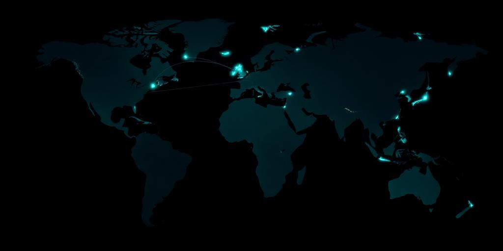 Dark world map showing active international trade routes